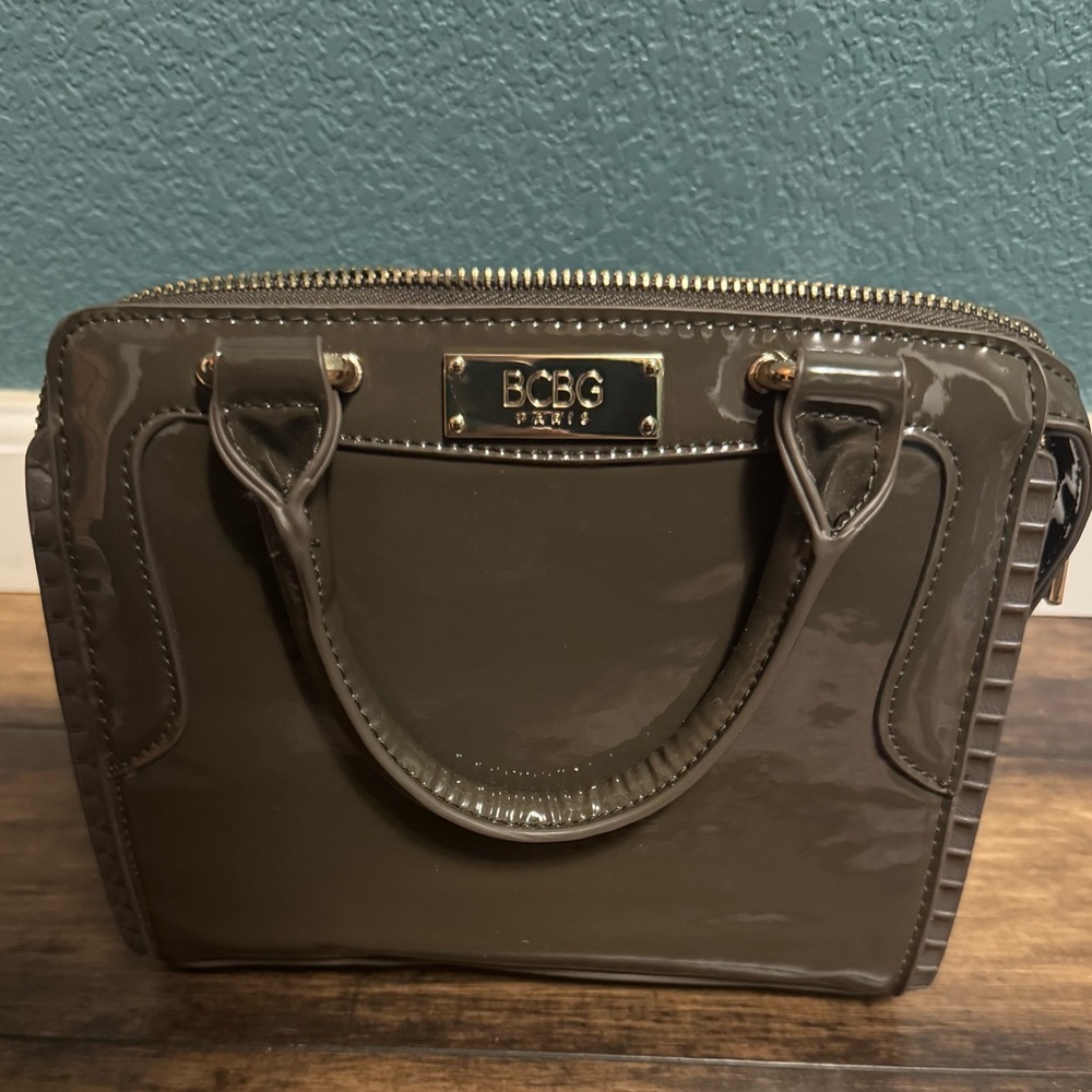 BCBG Paris Patent Mini Satchel – Taupe Gray – Crossbody Strap